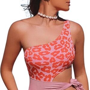 Women's One Shoulder Knot Cut Out Leopard Color One Piece Swimsuit Pink - XL
